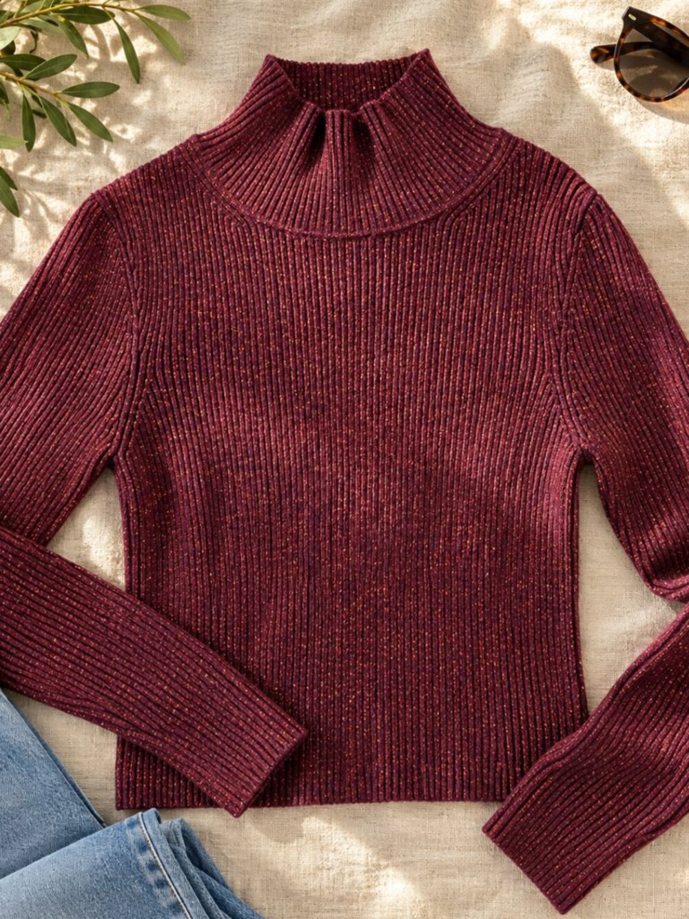 Zara Burgundy Metallic Cropped Ribbed Turtleneck Sweater Size Medium